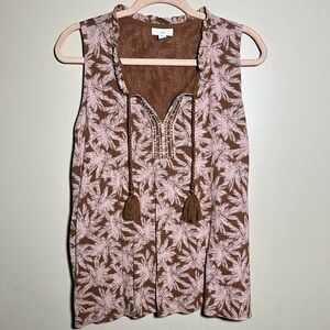 J Jill Palm Print Embroidered Tassle Tank Top |‎ Large Petite